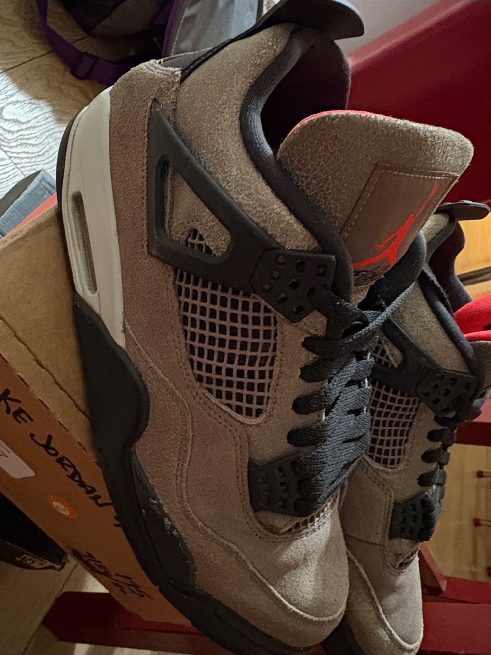 Jordan Men’s Suede Sneakers in Taupe Haze with Black and Red Accents - Picture 10 of 11